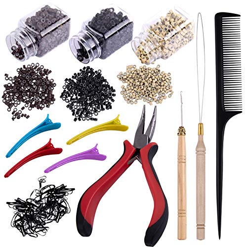 Product Cover Duufin Hair Extensions Tools Kit 1500 Pcs Micro Ring Beads(Black, Blonde and Brown) 1 Micro Beads Plier 2 Hook Needle Pulling Loop 4 Plastic Alligator Clips 1 Comb and 2 Bags Black Mini Rubber Bands