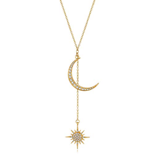 Product Cover Feximzl Fashion Crystal Moon&Star Necklaces Pendants Unique Gold Color Chain Necklace Accessories Jewelry for Women (Gold)