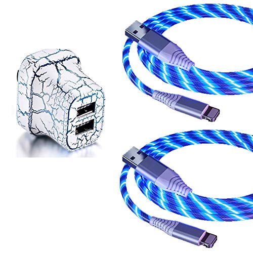 Product Cover EEkiiqi 2 Packs Led Flowing USB Charger Cable EL Light up Phone Charger Cord with 2.1A Dual USB Wall Charger Led Light Up USB Charger Glow in The Dark for Phone XS Max/8 Plus 7 7 Plus (Blue)