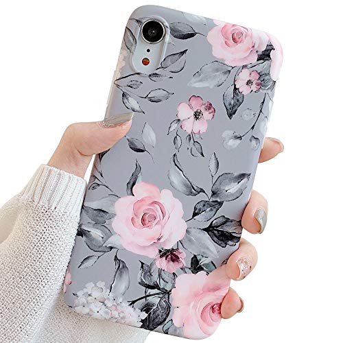 Product Cover YeLoveHaw iPhone XR Case for Girls, Flexible Soft Slim Fit Full-Around Protective Cute Shell Phone Case Cover with Purple Floral and Gray Leaves Pattern for iPhone XR 6.1 Inch (Pink Flowers)