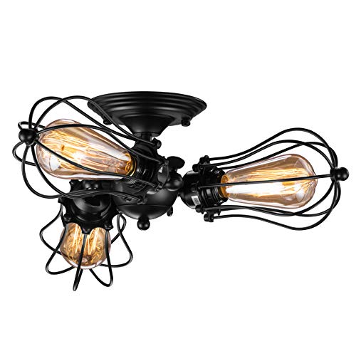 Product Cover Vintage Wire Cage Semi Flush Mount Ceiling 3-Light, Licperron Industrial Black Metal Caged Ceiling Light Fixture