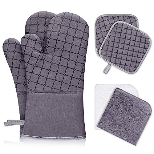 Product Cover IXO 6Pcs Oven Mitts and Pot Holders, 500℉ Heat Resistant Oven Mitts with Kitchen Towels Soft Cotton Lining and Non-Slip Surface Safe for Baking, Cooking, BBQ (Grey)