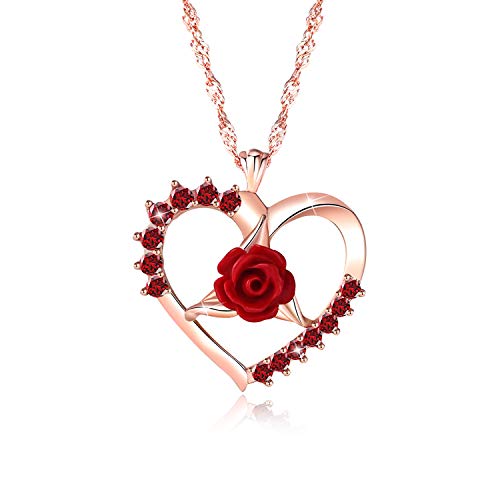 Product Cover Rose Necklace, Heart Necklace 3D Flower Love Necklace Rose Gold Pendant Necklaces for Women Girls Fashion Jewelry with Gift Box on Christmas
