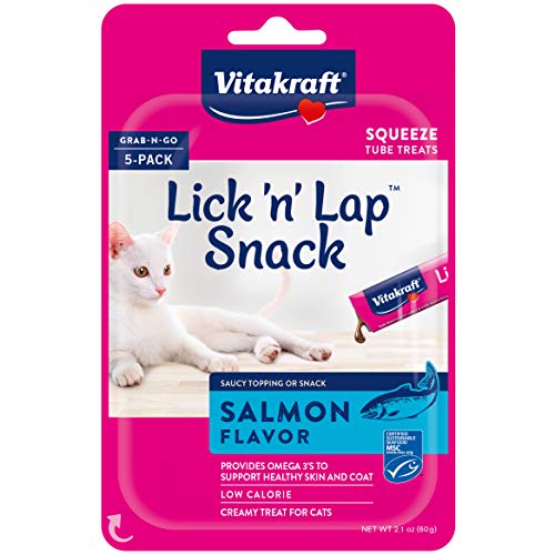 Product Cover Vitakraft Lick 'n' Lap Salmon Flavor Creamy Treats for Cats, Low Calorie, Grab-n-Go Squeeze Tube Treats or Saucy Food Topping, 5 Pack