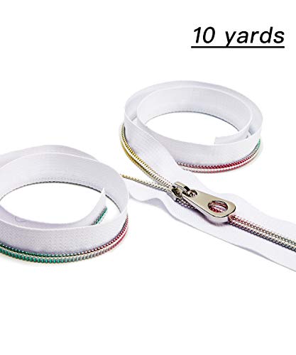 Product Cover Nylon Coil Zippers 5#- Sewing Zippers Bulk Colorful Teeth- VOC DIY Zipper by The Yard White with 20PCS Slider-Long Zippers for Tailor Sewing Crafts 10 Yards(White Tape)
