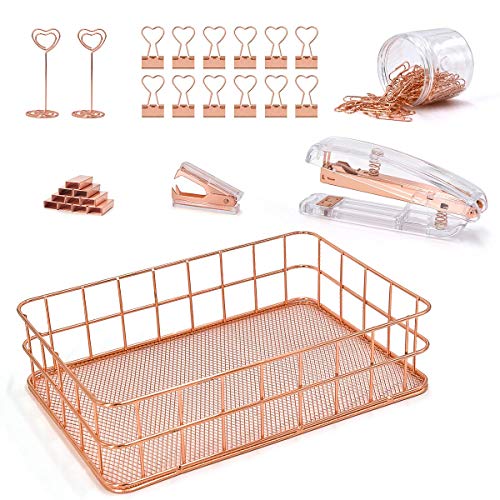Product Cover Rose Gold Desk Accessories,7-Piece Desktop Accessory Set - Desk Tray,Stapler and Staple Remover with Rose Gold Staples,Paper Clips Sets&Binder Clips,Table Photo Holder-for School Office Supplies Kit
