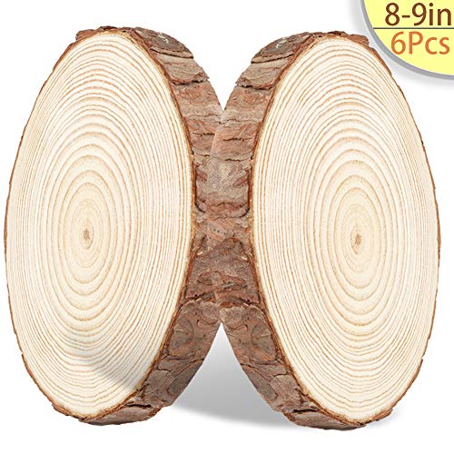 Product Cover 6 Pcs / 8-9 Inches Unfinished Wood Slices, WOODOUT Natural Round Rustic Woods Slices Pine Wood Coasters for Weddings Decoration Christmas Ornaments DIY Crafts