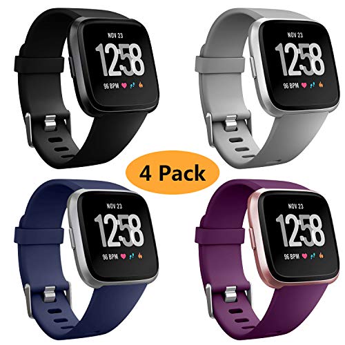 Product Cover Neitooh 4 Packs Bands Compatible with Fitbit Versa/Versa 2/Fitbit Versa Lite for Women and Men, Classic Soft Silicone Sport Strap Replacement Wristband for Fitbit Versa Smart Watch