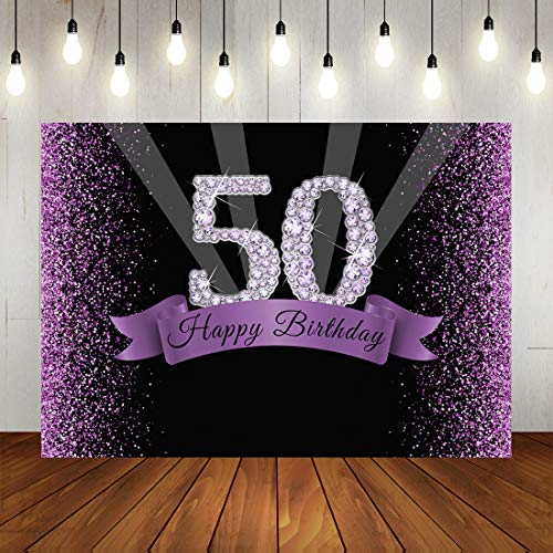 Product Cover Happy 50th Birthday Party Backdrop Glitter Purple and Black Dots Background for Adult Woman Birthday Party Banner Decorations Shining Diamond Number 50th Birthday Backdrops for Photo Studio Props 7x5f