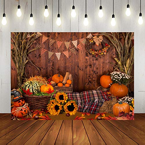 Product Cover Fall Thanksgiving Day Theme Backdrops Autumn Harvest Photography Background Rustic Wooden Floor Farm Pumpkins Sunflowers Flag for Birthday Party Banner Photo Booth Props 7x5ft