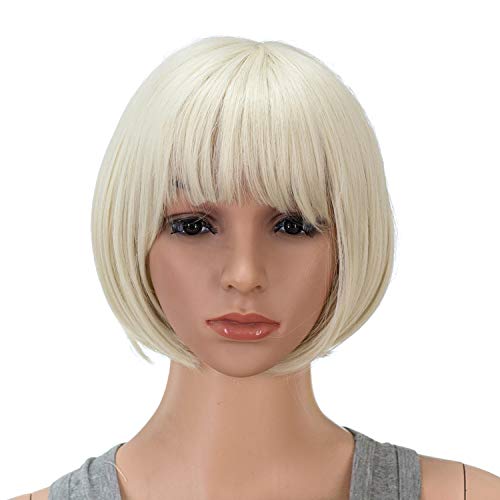 Product Cover SWACC 10 Inch Short Straight Bob Wig with Bangs Synthetic Colorful Cosplay Daily Party Flapper Wig for Women and Kids with Wig Cap (Platinum Blonde)