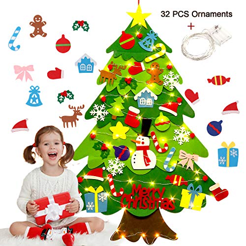 Product Cover Outgeek Felt Christmas Tree 3.2ft DIY Wall Hanging Xmas Tree with 32 pcs Ornaments and 50 LEDs String Lights Christmas Decoration for Children