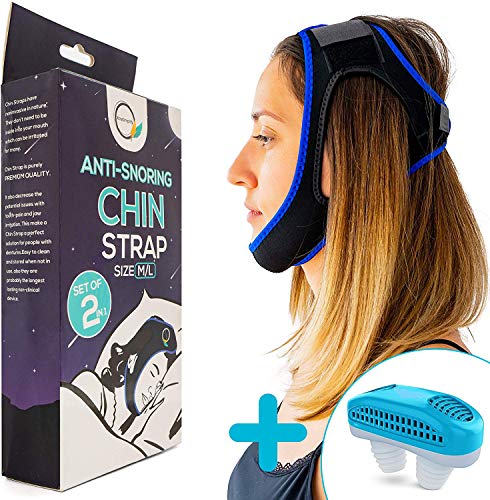 Product Cover Anti Snoring Chin Strap Devices - Stop Snoring Head Mouth Straps Adjustable Belt Jaw Support Effective Sleep Aid Solution and Anti-Snoring Breathable Nose Vents Plugs Air Purifier for Men and Women