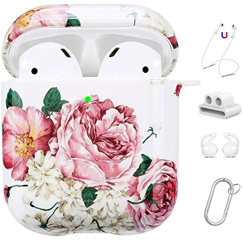Product Cover Maxjoy AirPods Case Cover, 5 in 1 Cute Airpod Case Hard Protective Cover with Keychain/Strap/Earhooks/Watchband Holder Compatible Apple AirPods Wireless Charging Case 2&1 for Girls Women,Flower
