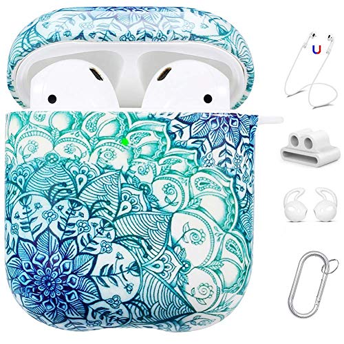 Product Cover Maxjoy AirPods Case Cover, 5 in 1 Cute Airpod Case Hard Protective Cover with Keychain/Strap/Earhooks/Watchband Holder Compatible Apple AirPods Wireless Charging Case 2&1 for Girls Women,Flower Green
