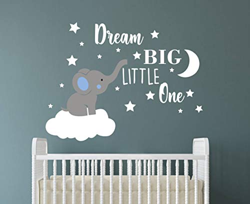 Product Cover Dream Big Little One Elephant Wall Decal, Quote Wall Stickers, Baby Room Wall Decor, Vinyl Wall Decals for Children Baby Kids Boy Girl Bedroom Nursery Decor(Y42) (Blue,White(Boy))