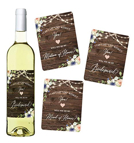 Product Cover Set of 8 Rustic Floral Will You Be My Bridesmaid Wine Labels, Includes: 6 Bridesmaid Wine Labels, 1 Maid of Honor Wine Label, 1 Matron of Honor Wine Label