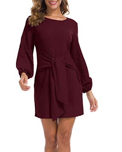 Product Cover Lionstill Women's Elegant Long Sleeve Dress Casual Tie Waist Sweater Dresses Wine Red X-Small