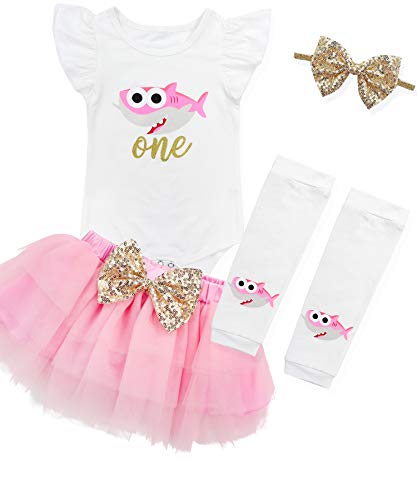 Product Cover KANGKANG Baby Girls 1st Birthday Outfit Baby Shark Doo Doo Doo Romper + Tutu Dress + Headband +Leg Warmmer Set 12 Months