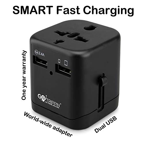 Product Cover GoTrippin Premium Universal Travel Adapter with Dual USB Charger Ports and Smart Charging (Black), International Worldwide Charger Plug for Phone, Laptop, Camera, Tablet