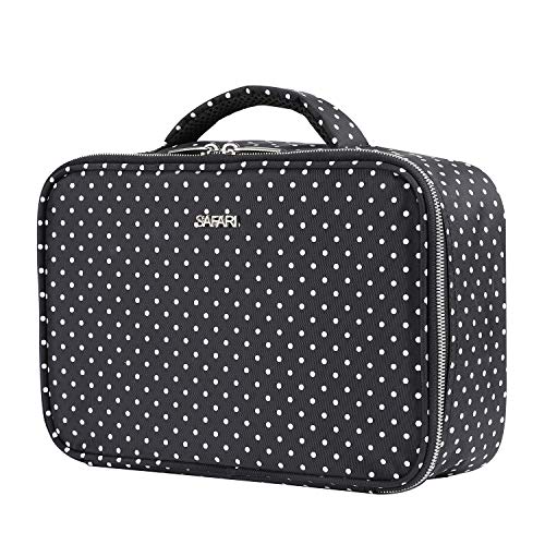 Product Cover Travel Makeup Bag by SAFARI (Polka Dot) - Cosmetic Toiletry Organizer Train Case with Adjustable Velcro Dividers and Long Brush Holders - Bonus Pouch - The Perfect Gift
