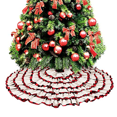 Product Cover O-heart Burlap Christmas Tree Skirt, 48 inches 6 Layered Buffalo Check Plaid Pleated Ruffle Tree Skirt, Rustic Xmas Tree Farmhouse Holiday Decorations