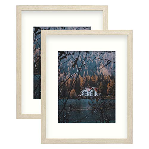 Product Cover Frametory, Frame with Ivory Mat for Photo - Smooth Wood Grain Finish - Sawtooth Hangers, Real Glass - Landscape/Portrait, Wall Display (Beige, 11x14 Frame for 8x10 Photo, 2-Pack)
