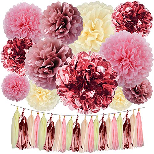 Product Cover Cuterui Gifted Rose Gold Party Decorations-32 pcs Rose Gold Tissue Paper Pom Poms and Tassels for Birthday Party Wedding Baby Shower Bridal Shower Bachelorette Decorations