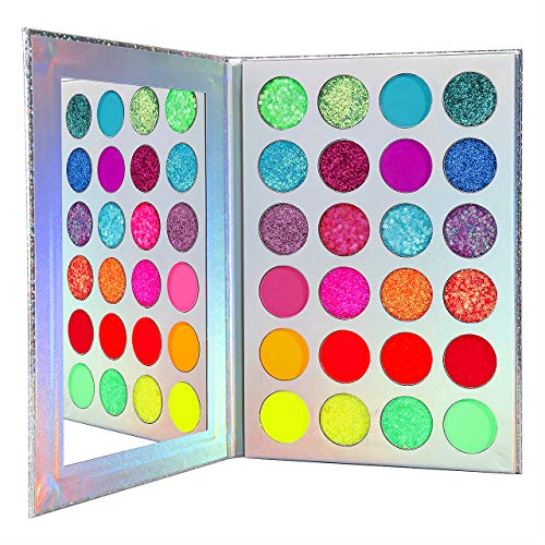 Product Cover Neon Glitter Eyeshadow Palette Makeup,Afflano UV Glow Blacklight Highly Pigmented Palette Eye Shadow Pallets,Matte Bright Colorful Rainbow Blue Red Orange Purple Green Pressed Glitter Makeup Palettes