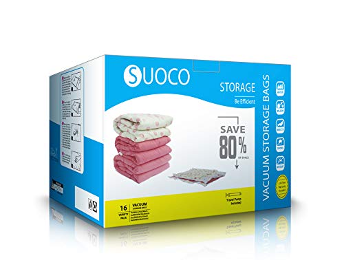 Product Cover SUOCO Vacuum Storage Bags 16 Pack (4 x Jumbo, Large, Medium, Small) Space Saver Compression Bags with Hand Pump