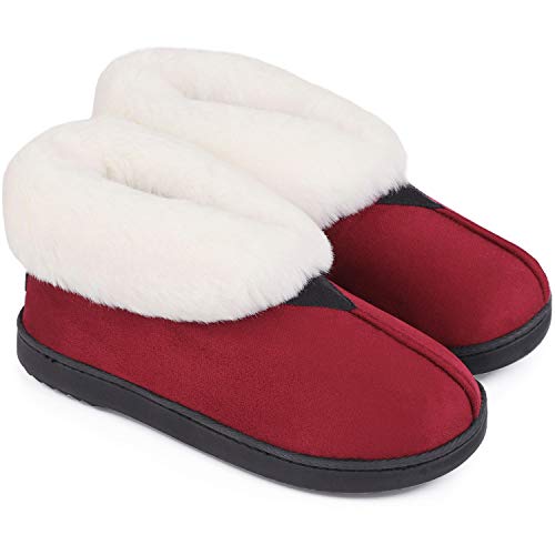 Product Cover MERRIMAC Women's Comfort Suede Memory Foam Bootie Slippers Faux Fur Lined Indoor Outdoor House Shoes w/Anti-Skid Rubber Sole 8 B(M) US, Wine