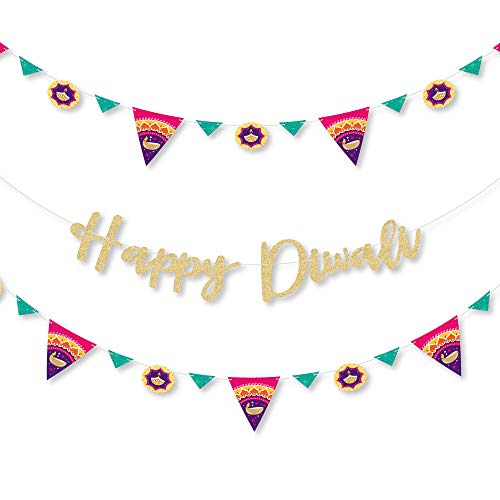 Product Cover Big Dot of Happiness Happy Diwali - Festival of Lights Party Letter Banner Decoration - 36 Banner Cutouts and No-Mess Real Gold Glitter Happy Diwali Banner Letters