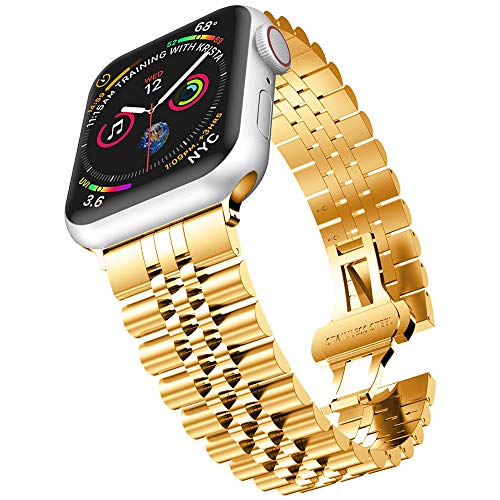 Product Cover baozai Compatible with Apple Watch Band Series 5 44mm 42mm, Stainless Steel iWatch Band with Butterfly Folding Clasp for iWatch Band Series 5/4/3/2/1 Men (Gold)