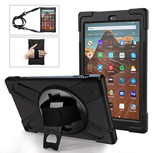 Product Cover MoKo Case Fits Fire HD 10 Tablet (7th/9th Generation, 2017/2019 Release), PC + TPU Full-Body Rugged Back Cover 360 Degree Rotating Kickstand shell with Shoulder Strap and Hand Strap - Black