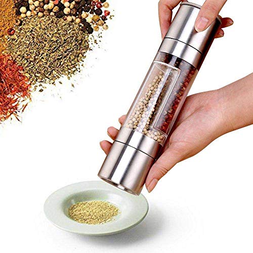 Product Cover Piesome Premium Stainless Steel 2 in 1 Dual Salt and Pepper Grinder Tall Salt and Pepper Mill Shakers with Adjustable Coarseness Dual Salt and Pepper Grinder,Dual Salt,Dual Salt and Pepper (Silver)