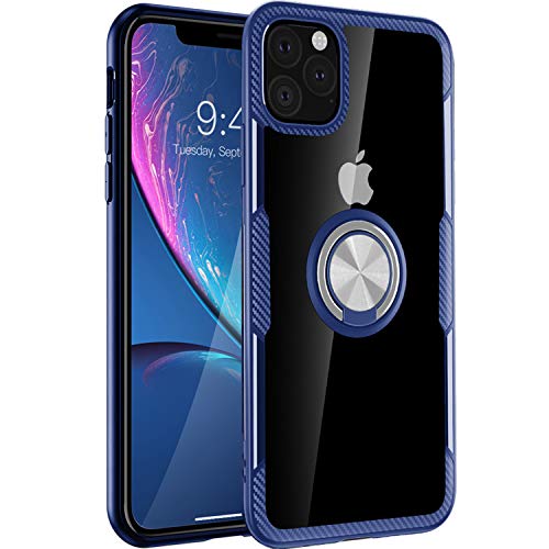Product Cover iPhone 11 Pro Max Case 6.5 inch 2019, Carbon Fiber Design Clear Crystal Anti-Scratch Case with 360 Degree Rotation Ring Kickstand(Work with Magnetic Car Mount) for Apple iPhone Pro Max,Blue