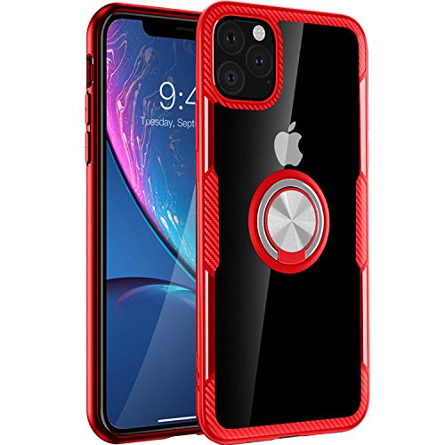 Product Cover iPhone 11 Pro Max 6.5 inch Case 2019, Carbon Fiber Design Clear Crystal Anti-Scratch Case with 360 Degree Rotation Ring Kickstand(Work with Magnetic Car Mount) for Apple iPhone Pro Max,Red