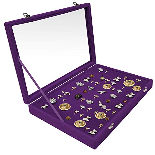 Product Cover 100 Slots Ring Storage Display Box with Transparent Lid ~ Jewelry Tray Organizer ~ Earring Holder Showcase (Purple)