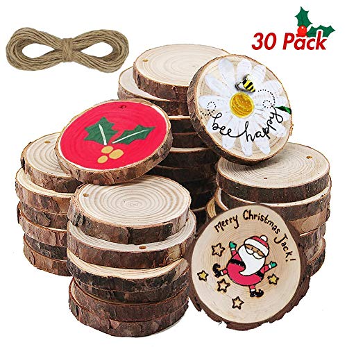 Product Cover ATDAWN Natural Wood Slices with Holes, 30 Pcs 2.4-2.8 Inches Unfinished Wooden Circles, Craft Wood kit, Christmas Ornaments DIY Crafts