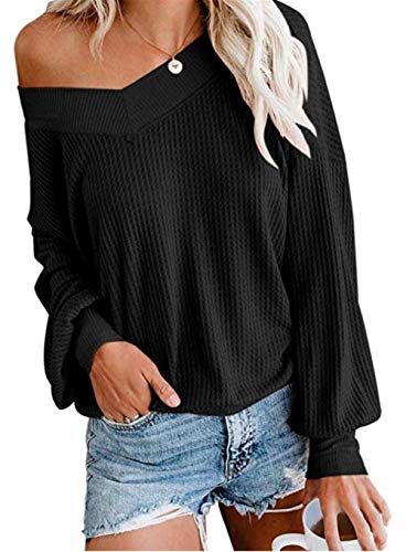 Product Cover UGET Women's V Neck Long Sleeve Waffle Knit Top Off Shoulder Pullover Slouchy Sweater XX-Large Black