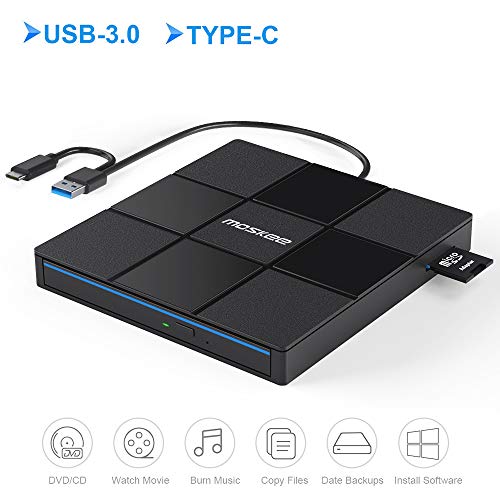 Product Cover Moskee Type C External CD DVD Drive,with USB Port SD Card Slot USB 3.0 Portable CD/DVD +/-RW Drive Rewriter Burner Data Transfer for MacBook,Laptop,Windows,Linux and Mac OS