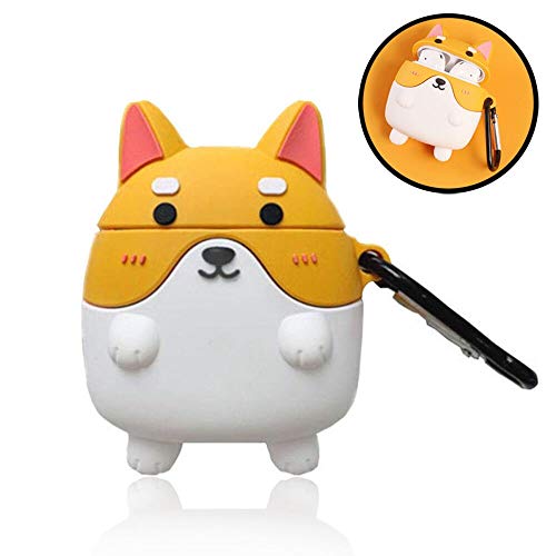 Product Cover Creative Cute Corgi Dog Style with Carabiner Yellow & Black Compatible Silicone AirPods Protective Cover (1st and 2nd Generation) (Yellow)