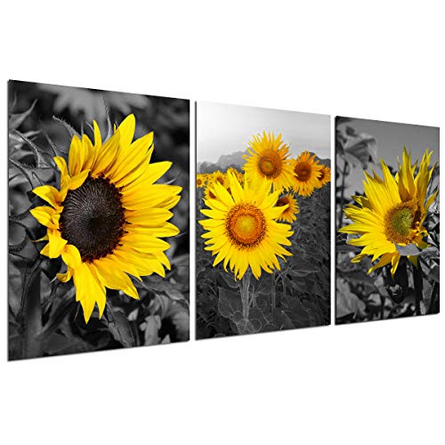 Product Cover Sunflower Decor Wall Art Prints - Black and White Yellow Canvas Painting Flower Plant Daisy Floral Pictures 3 Panels Unframed Bedroom Living Room Bathroom Kitchen Decoration Home Office Modern Artwork