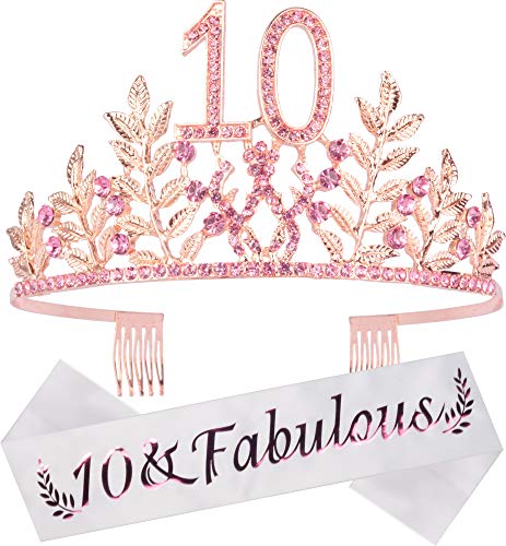 Product Cover 10th Birthday Decorations Party Supplies, 10th Birthday Gifts, Pink 10th Birthday Tiara and Sash, 10th White Satin Sash It's My 10th Birthday, 10th Birthday Party Supplies and Decorations, Happy 10th