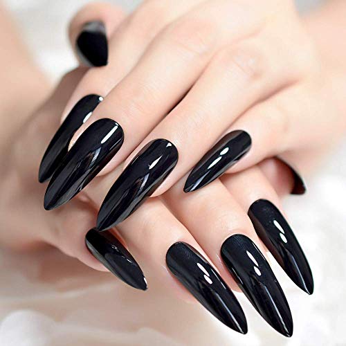 Product Cover MISUD Stiletto Fake Nails 24 Pcs Extra Long Sharp Claw Shape Full Cover Uv Gel Glossy Press-on Black False Nails Tips(Dark Witches)