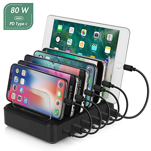 Product Cover USB Charging Station, Premium 80W 6-Port Desktop Charger Organizer With 45W Power Delivery Port For USB-C Laptops, MacBook Pro/Air, iPad Pro, S10, And 5 USB Ports For iPhone 11/Pro/Max, S9/S8 and More