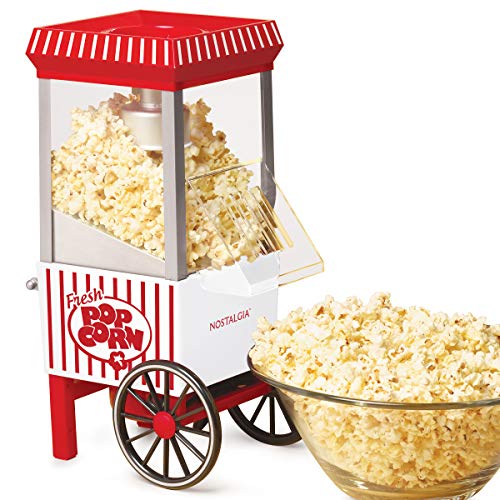 Product Cover Nostalgia OFP521 Vintage Healthy Hot-Air Tabletop Popcorn Maker, Makes 12 Cups, with Kernel Measuring Scoop, Oil Free, Perfect for Birthday Parties, Movie Nights - Candy Stripe, White/Red