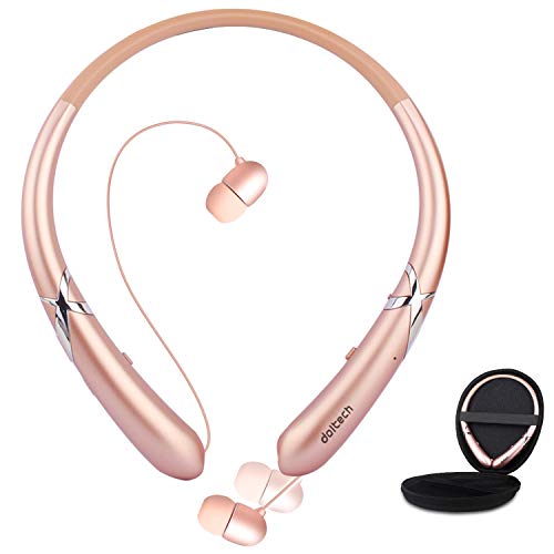 Product Cover Bluetooth Headphones, Doltech Bluetooth 5.0 Neckband Headphones Noise Cancelling Headset with Carrying Case Retractable Earbuds Stereo Earphones with Mic (Rose Gold)