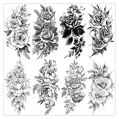 Product Cover VANTATY 8 Sheets Realistic Flower Rose Temporary Tattoos For Women Body Art Large Arm Peony Flora Waterproof Tattoo Stickers For Girls Lady Fake Big Sexy Fake Tatoos Breast Black Forearm