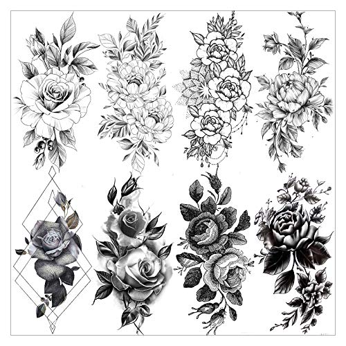Product Cover VANTATY 8 Sheets Petal 3D Black Flower Rose Temporary Tattoos For Women Waterproof Fake Body Art Arm Sketch Tattoo Stickers For Girls Shoulder Arm Leaf Tatoo Adults Beauty.